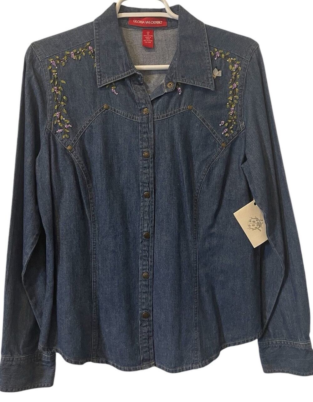 Gloria Vanderbilt Size Large Denim Embroidered Jean Shirt
